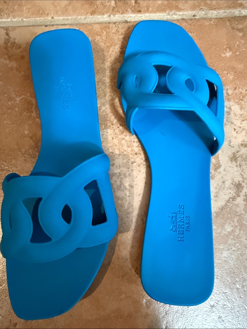 Hermes Bright Blue Oran Rubber Slide Sandals - Picture 3 of 6